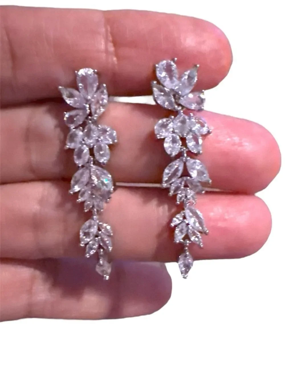 Elegant Silver Crystal Leaf Drop Earrings - Diamond Crystal Accents.